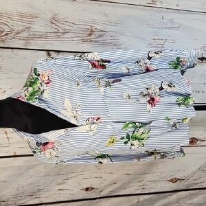 Velvet Heart Rayon Blue White Striped Tropical Flower Button Down Shirt Blouse M